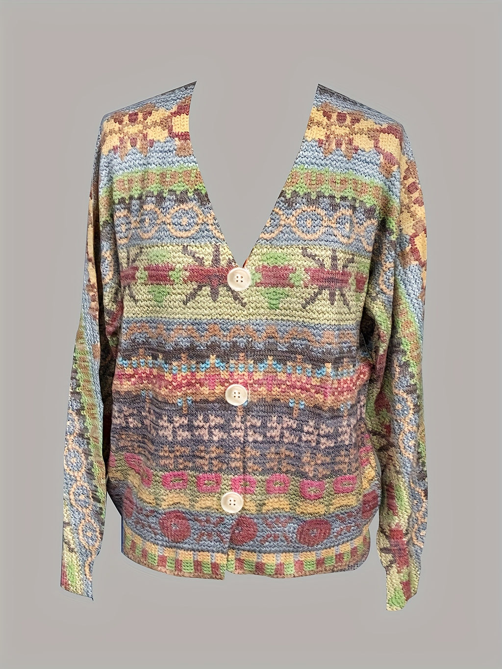 Boho Folk Pattern Button Front Cardigan - Green - 1