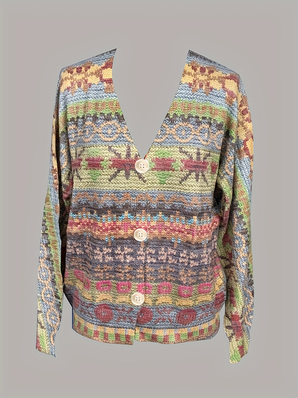 Boho Folk Pattern Button Front Cardigan - Green - 1