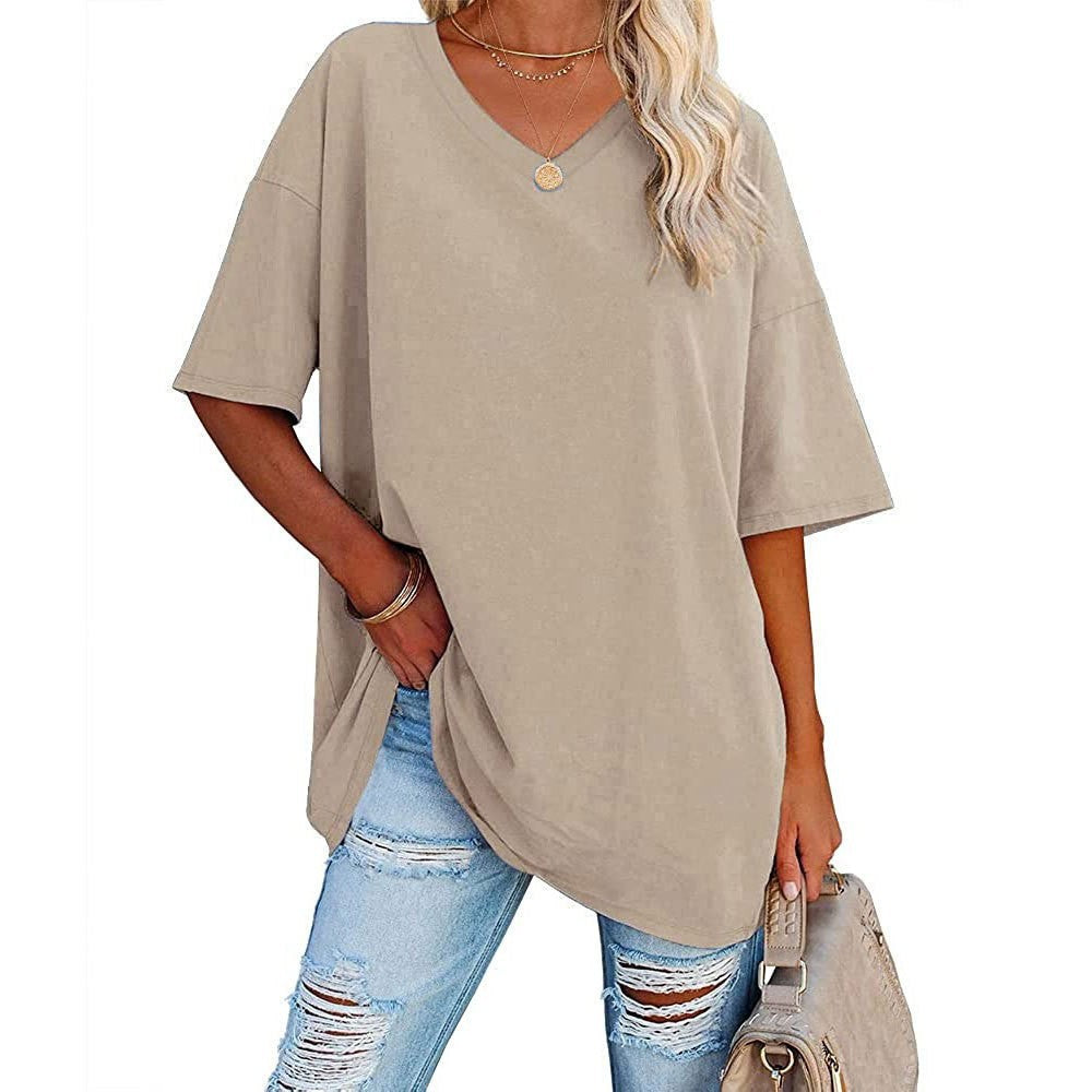 Oversized V Neck Half Sleeve Cotton Tee - Apricot