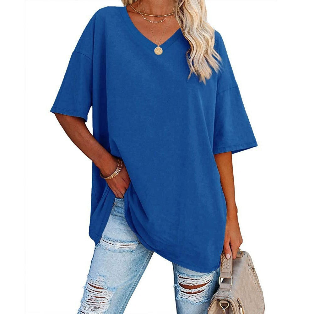 Oversized V Neck Half Sleeve Cotton Tee - Blue