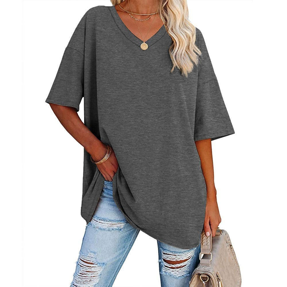 Oversized V Neck Half Sleeve Cotton Tee - DarkGray