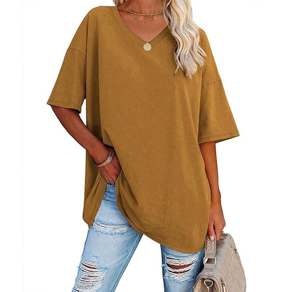 Oversized V Neck Half Sleeve Cotton Tee - EarthyYellow
