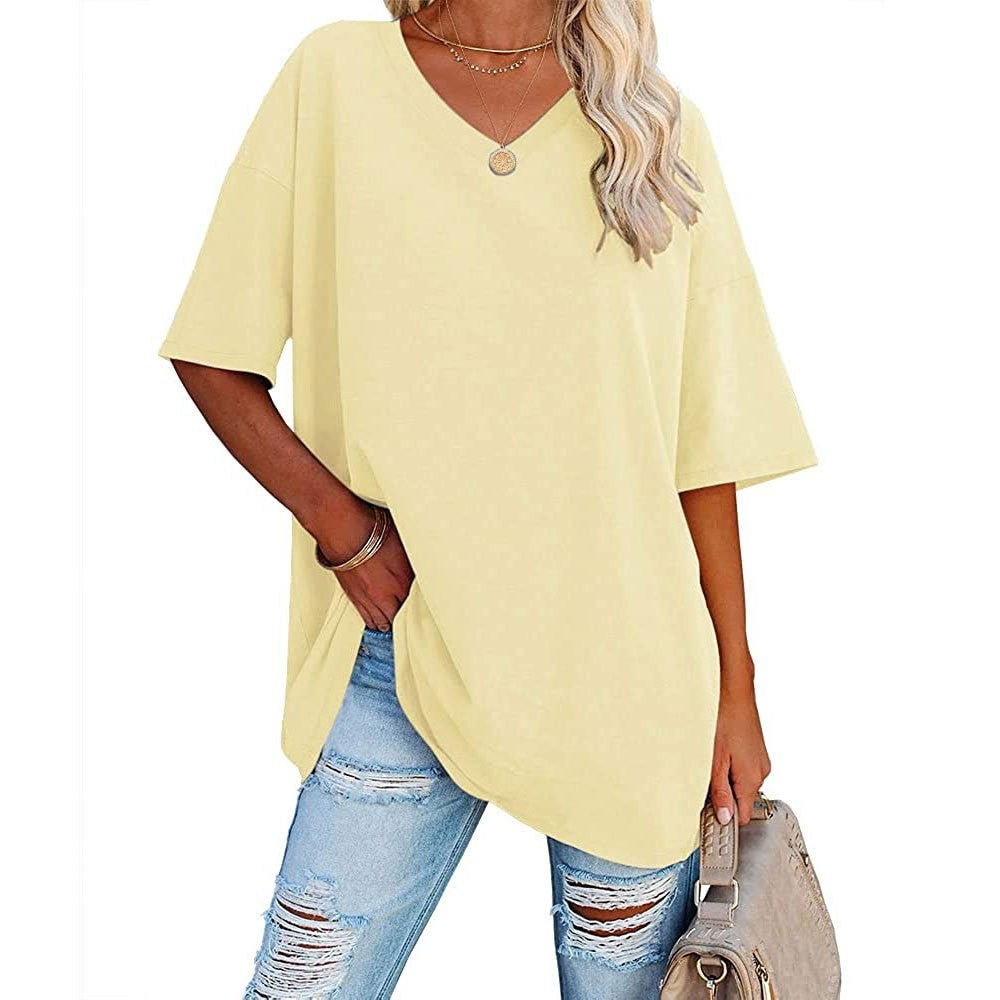 Oversized V Neck Half Sleeve Cotton Tee - LightYellow