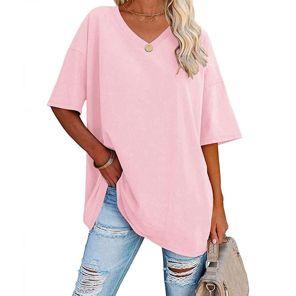 Oversized V Neck Half Sleeve Cotton Tee - Pink