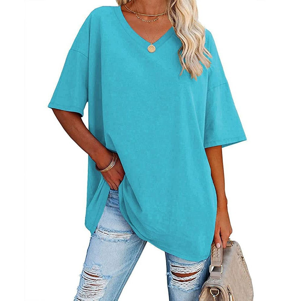 Oversized V Neck Half Sleeve Cotton Tee - SkyBlue