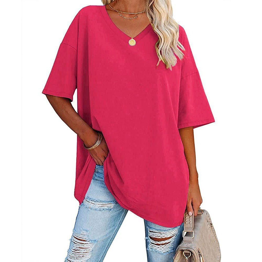 Oversized V Neck Half Sleeve Cotton Tee - WatermelonRed