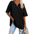 Oversized V Neck Half Sleeve Cotton Tee - black