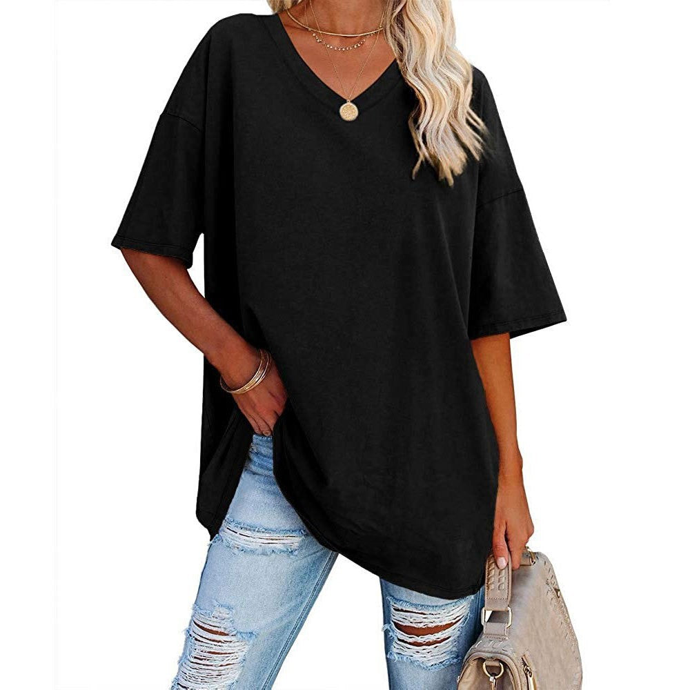 Oversized V Neck Half Sleeve Cotton Tee - black