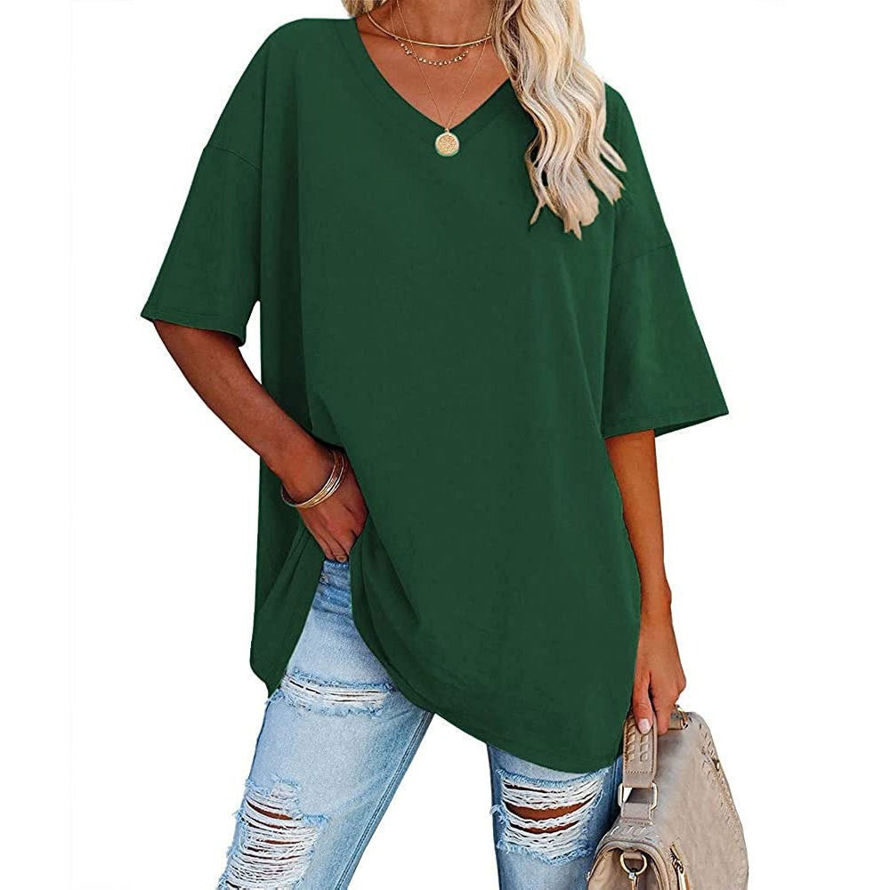 Oversized V Neck Half Sleeve Cotton Tee - green
