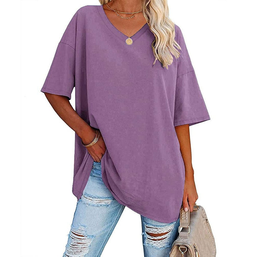 Oversized V Neck Half Sleeve Cotton Tee - purple