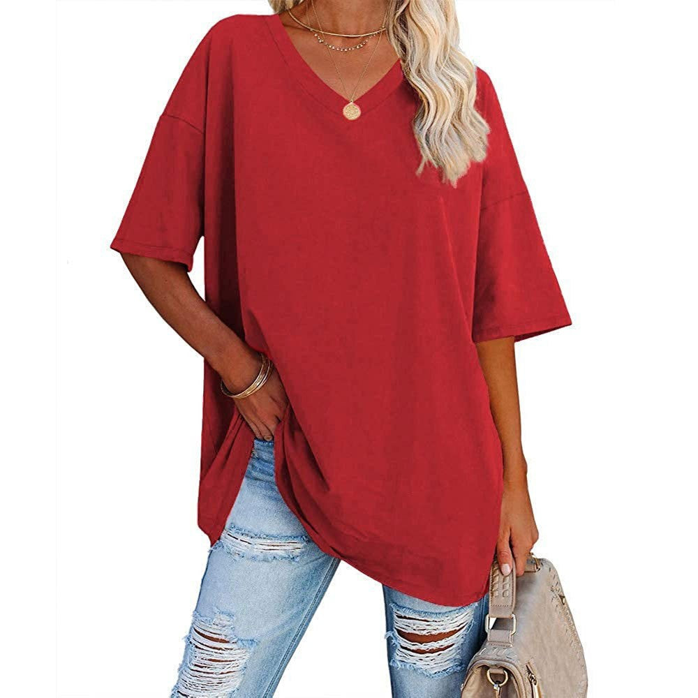 Oversized V Neck Half Sleeve Cotton Tee - red