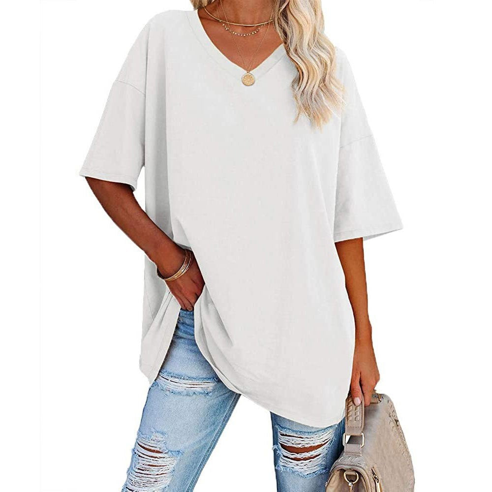 Oversized V Neck Half Sleeve Cotton Tee - white