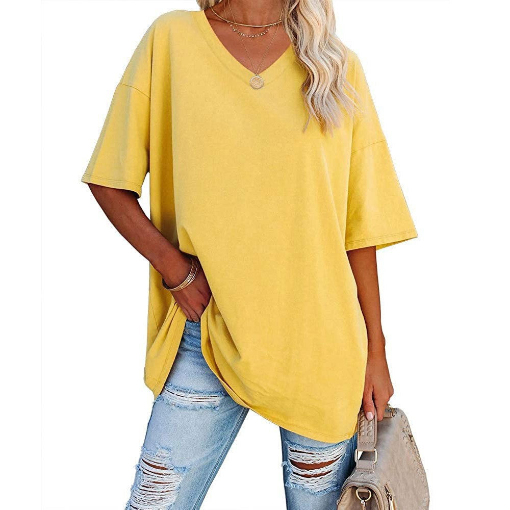 Oversized V Neck Half Sleeve Cotton Tee - yellow
