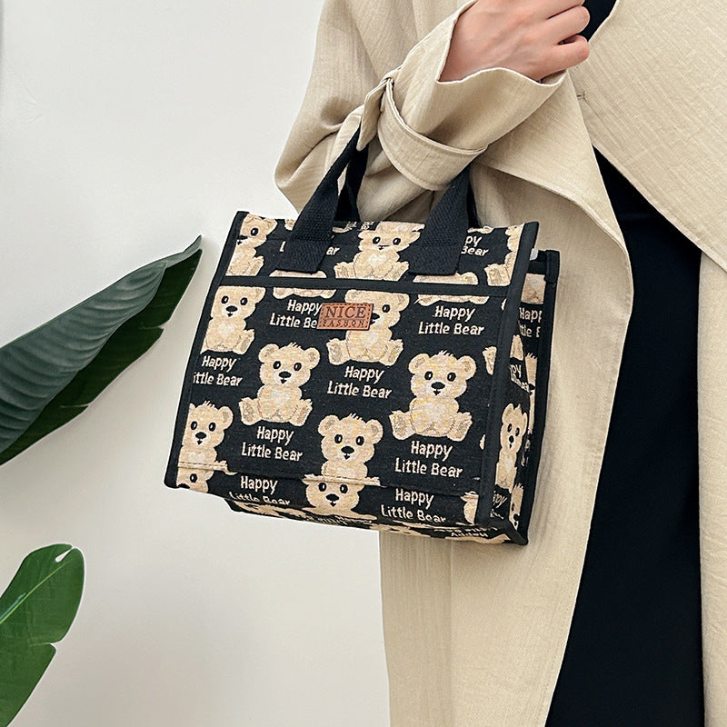 Printed Canvas Insulated Lunch Tote Bag - Bear