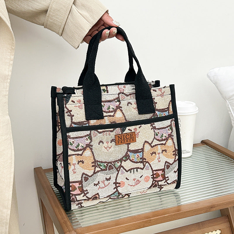 Printed Canvas Insulated Lunch Tote Bag - Cat
