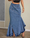 High Waist Denim Fishtail Maxi Skirt - Blue
