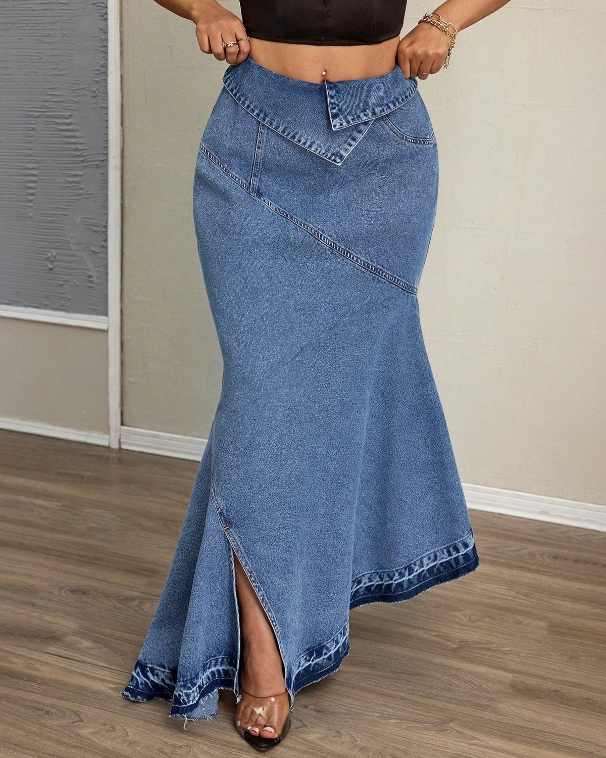 High Waist Denim Fishtail Maxi Skirt - Blue - 2