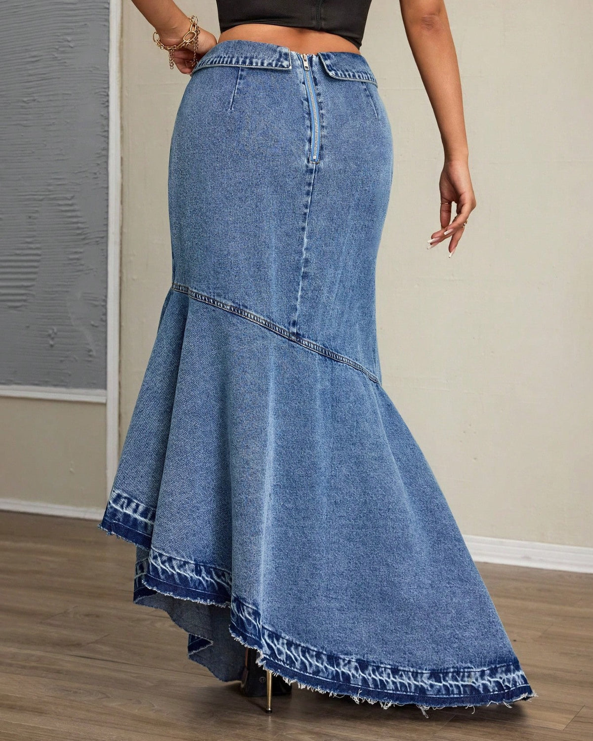 High Waist Denim Fishtail Maxi Skirt - Blue - 3