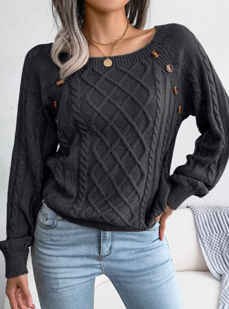 Button Trim Wide Neck Diamond Cable Sweater - Black
