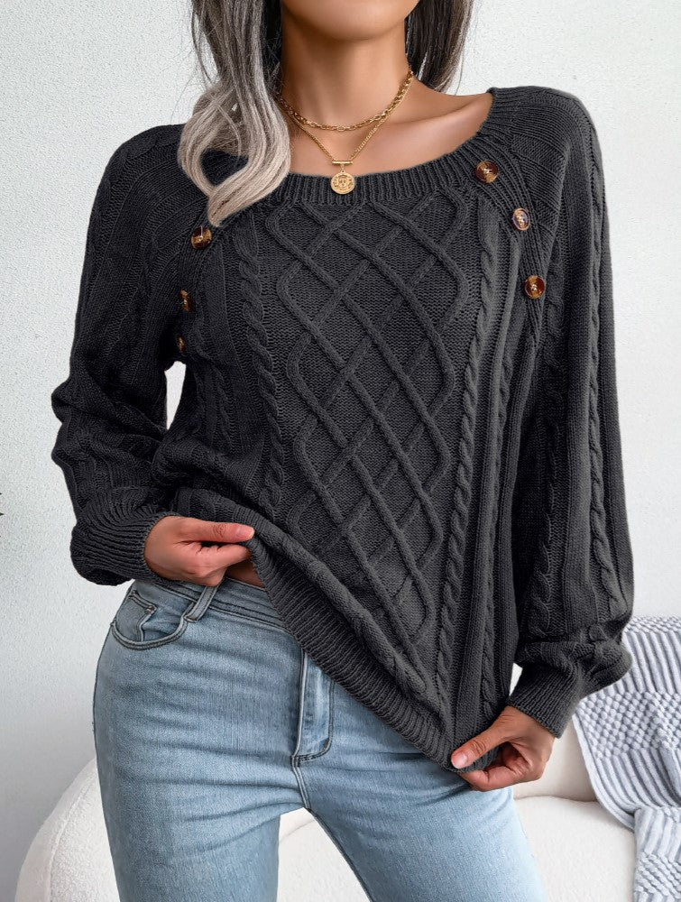 Button Trim Wide Neck Diamond Cable Sweater - Black - 1