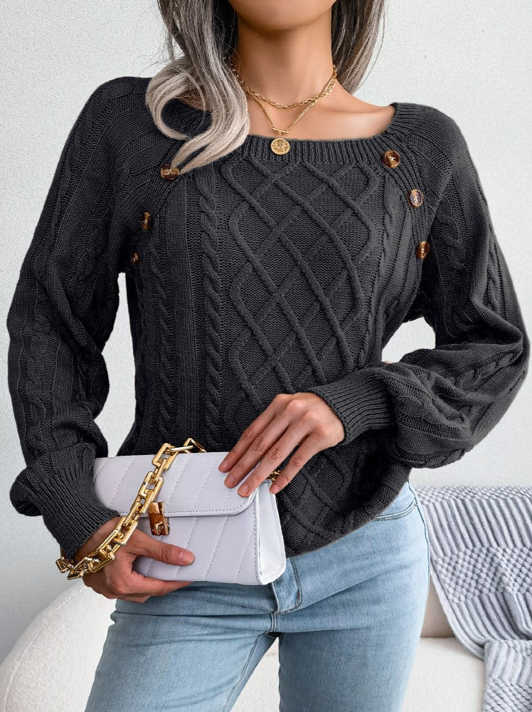 Button Trim Wide Neck Diamond Cable Sweater - Black - 2