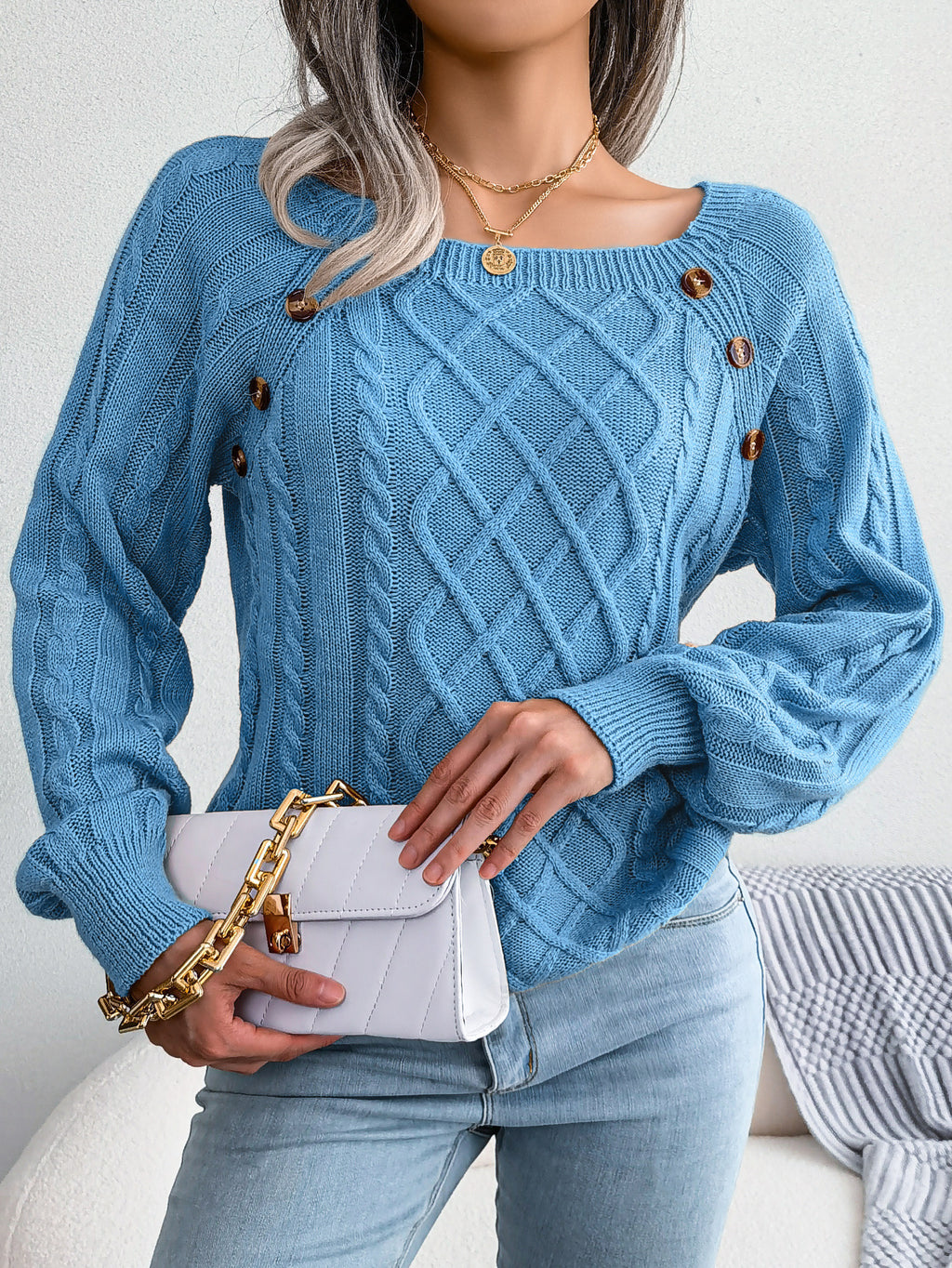 Button Trim Wide Neck Diamond Cable Sweater - Blue