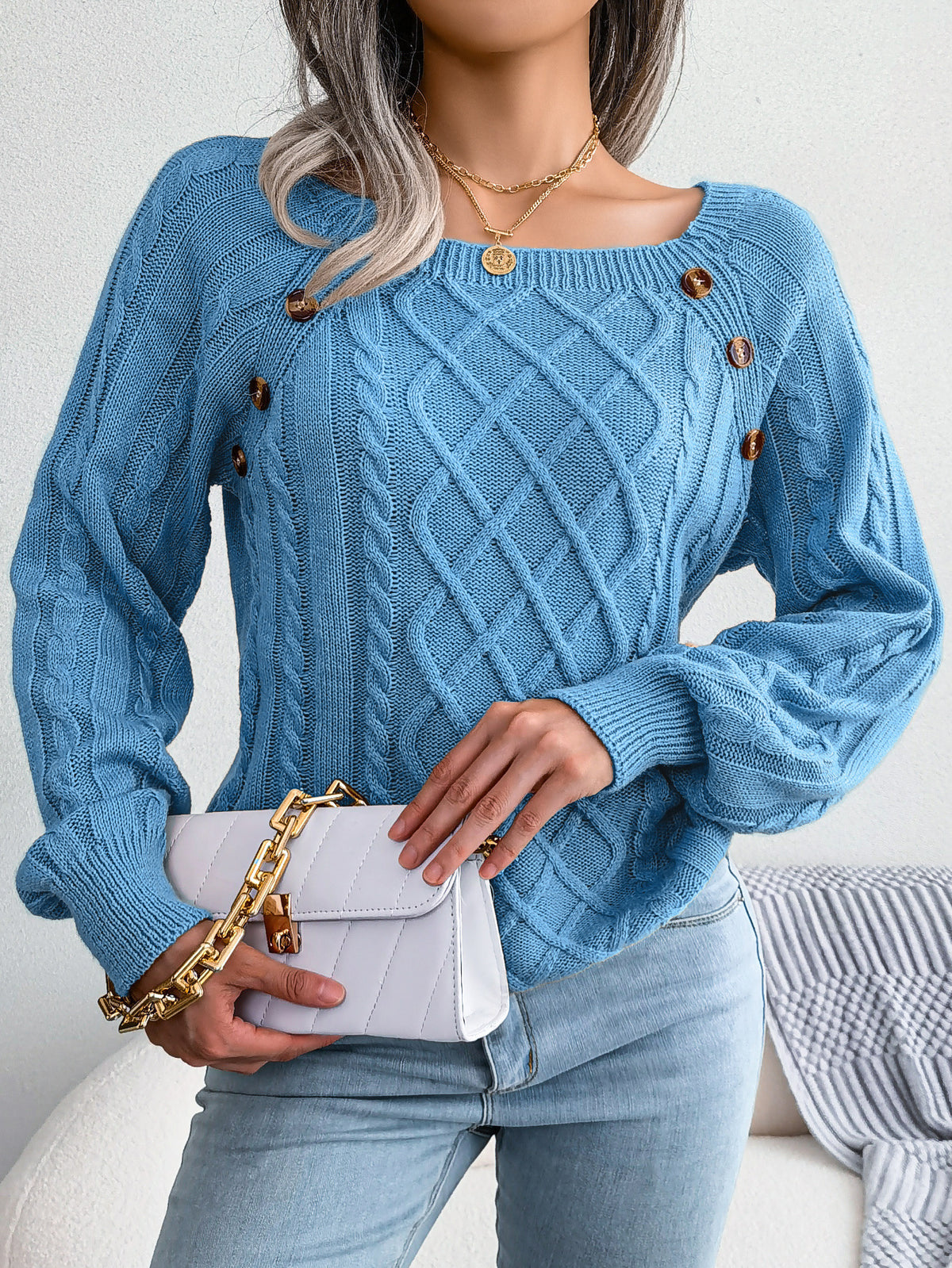 Button Trim Wide Neck Diamond Cable Sweater - Blue