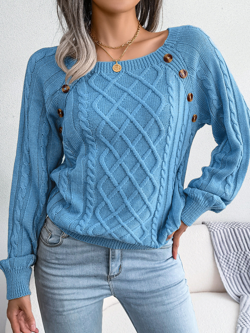 Button Trim Wide Neck Diamond Cable Sweater - Blue - 1