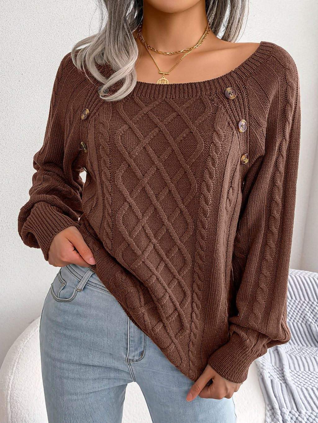 Button Trim Wide Neck Diamond Cable Sweater - Brown - 2