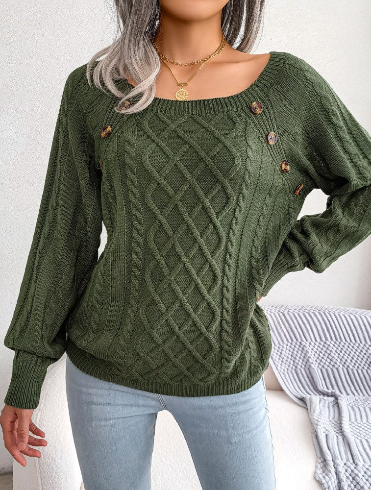 Button Trim Wide Neck Diamond Cable Sweater - Green