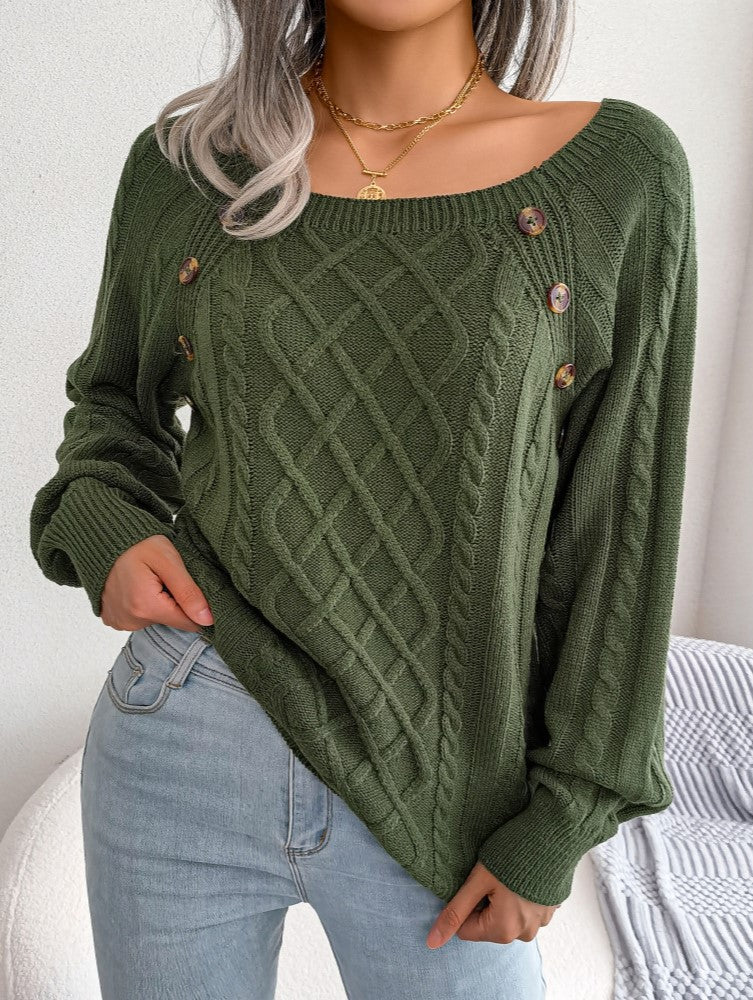 Button Trim Wide Neck Diamond Cable Sweater - Green - 1