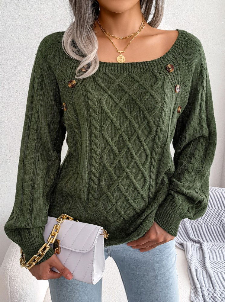 Button Trim Wide Neck Diamond Cable Sweater - Green - 2