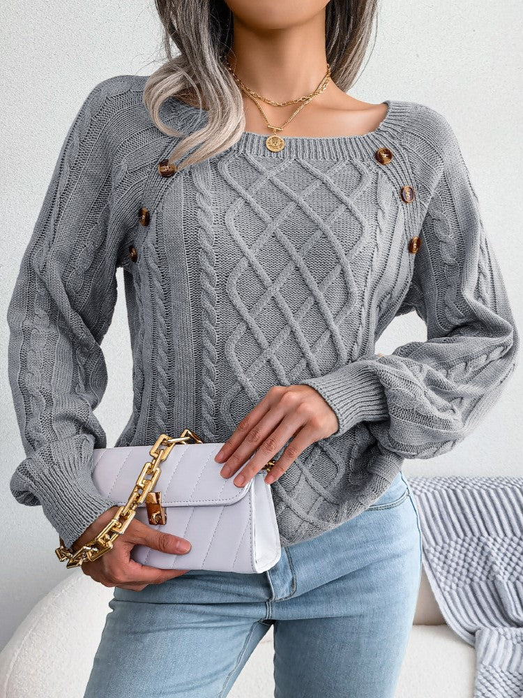 Button Trim Wide Neck Diamond Cable Sweater - Grey - 1