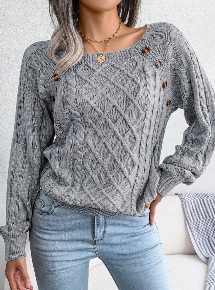 Button Trim Wide Neck Diamond Cable Sweater - Grey - 2