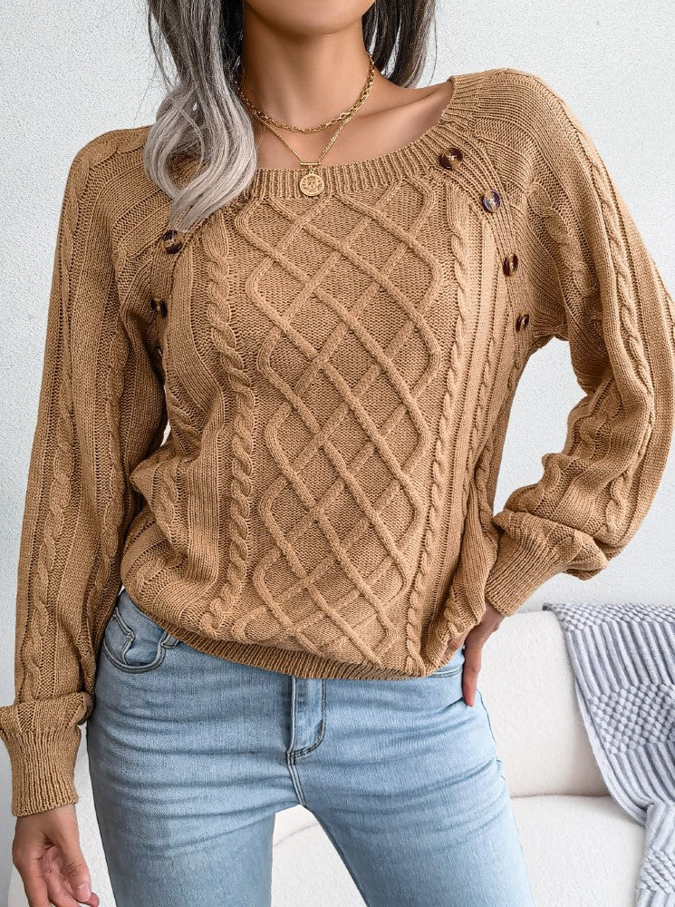 Button Trim Wide Neck Diamond Cable Sweater - Khaki - 1