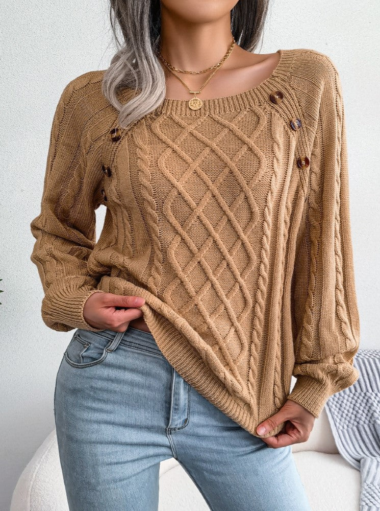 Button Trim Wide Neck Diamond Cable Sweater - Khaki - 2
