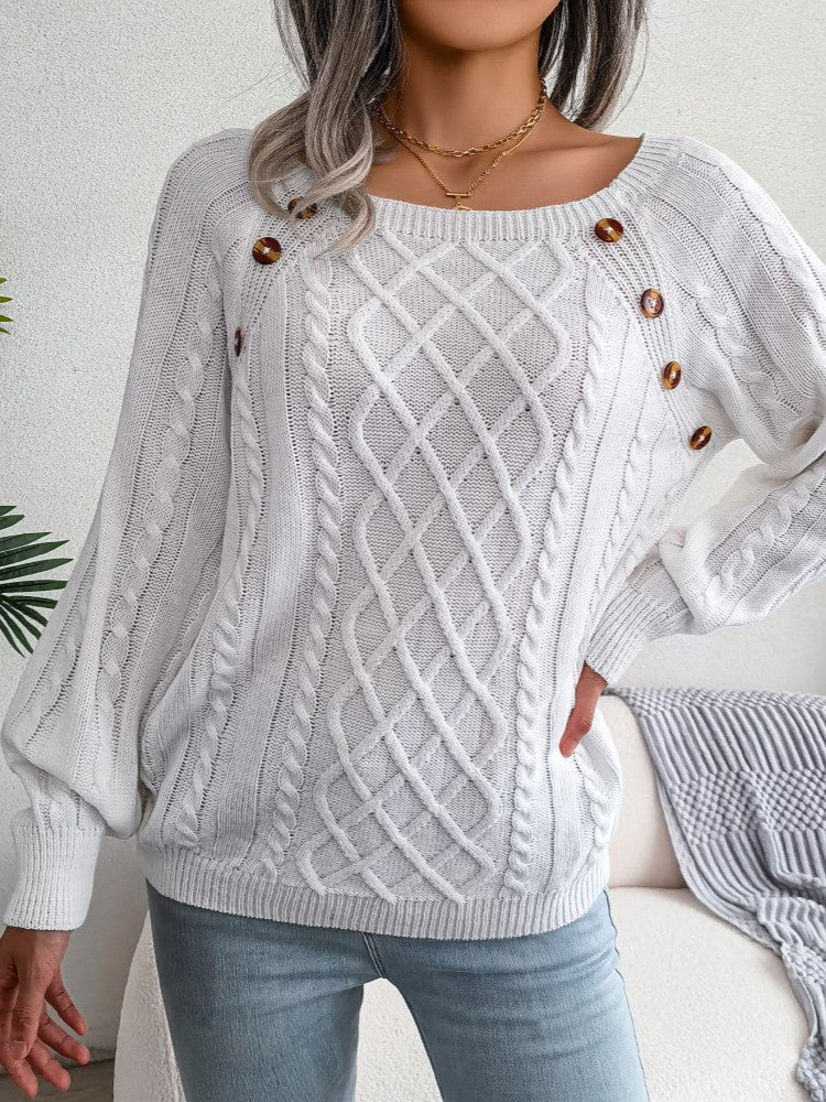 Button Trim Wide Neck Diamond Cable Sweater - White