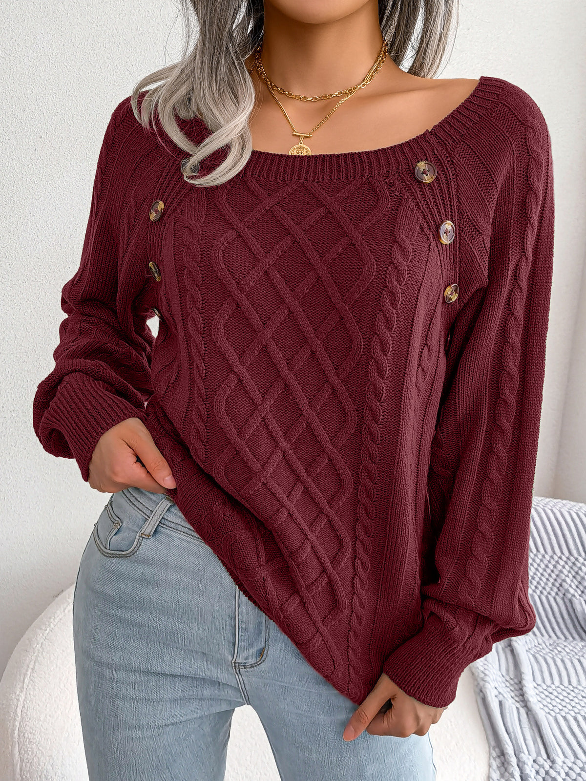 Button Trim Wide Neck Diamond Cable Sweater - Winered