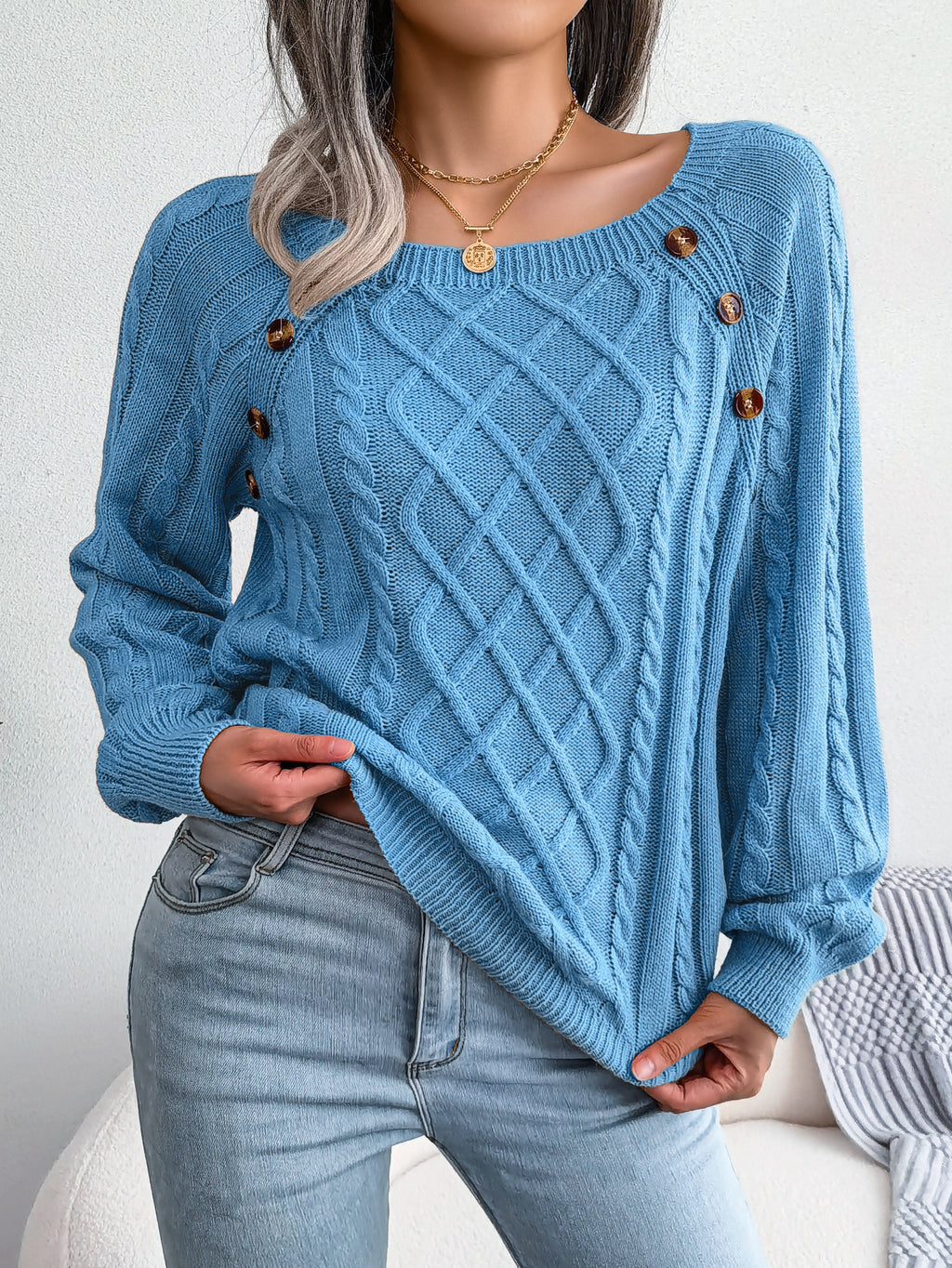 Button Trim Wide Neck Diamond Cable Sweater