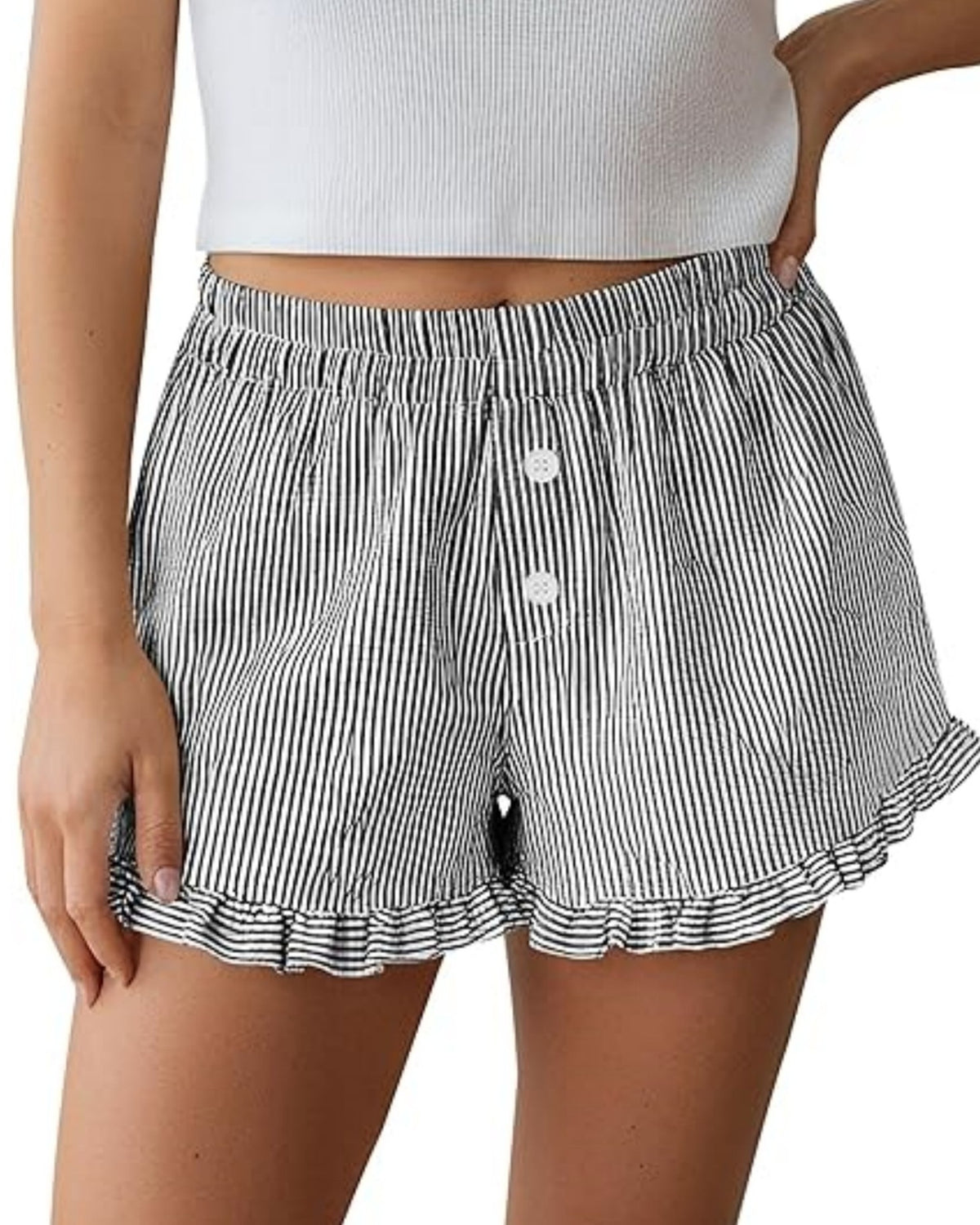 Seersucker Stripe Ruffle Hem Lounge Shorts - Black
