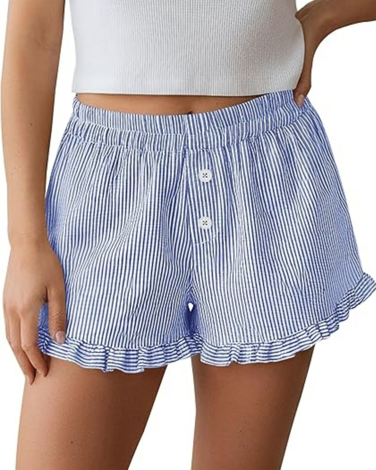 Seersucker Stripe Ruffle Hem Lounge Shorts - Blue