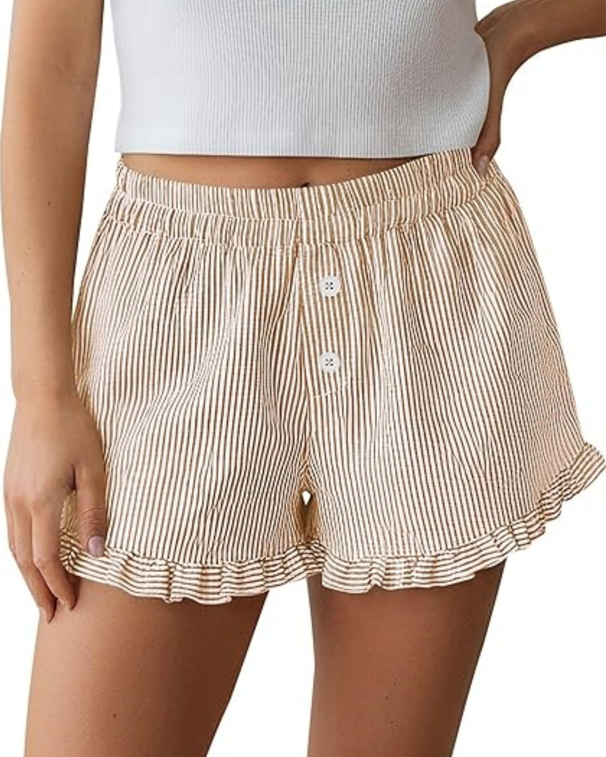 Seersucker Stripe Ruffle Hem Lounge Shorts - Brown