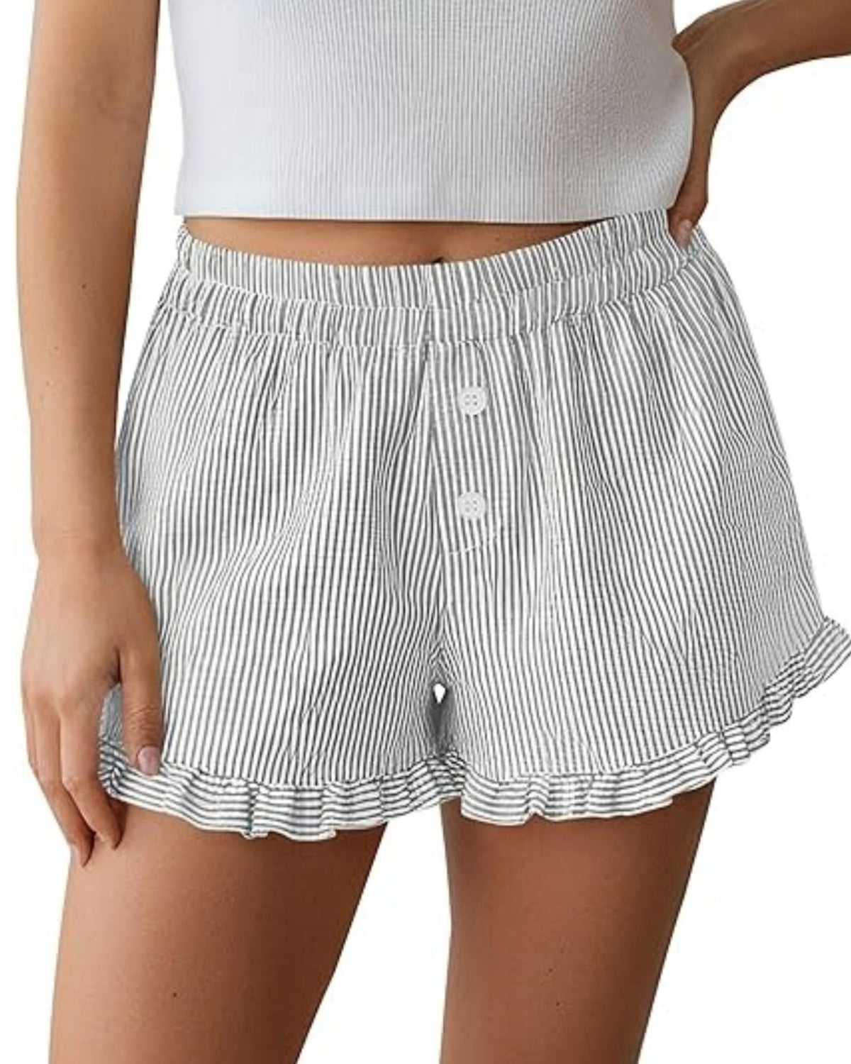 Seersucker Stripe Ruffle Hem Lounge Shorts - Gray