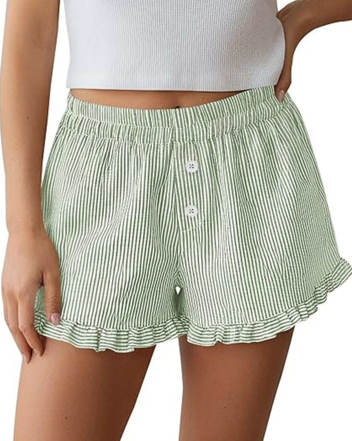 Seersucker Stripe Ruffle Hem Lounge Shorts - Green