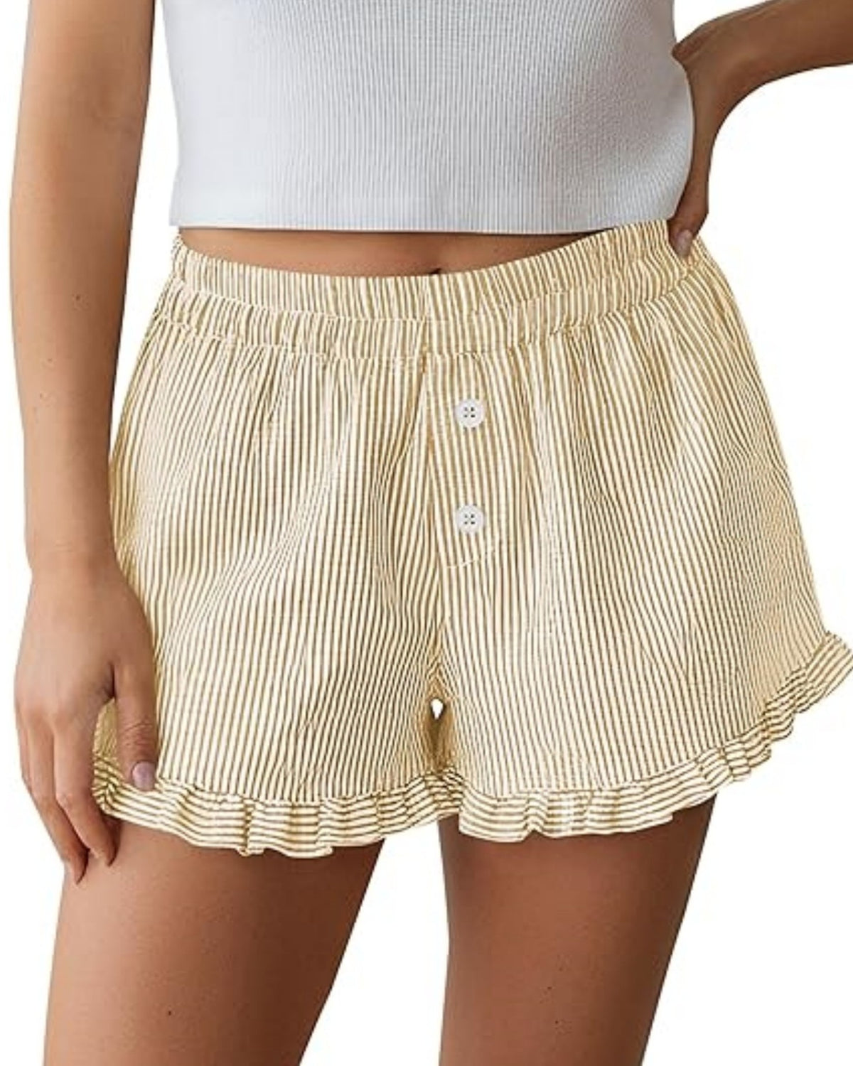 Seersucker Stripe Ruffle Hem Lounge Shorts - Khaki
