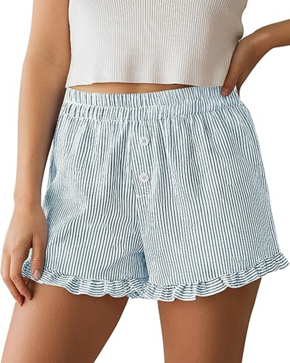 Seersucker Stripe Ruffle Hem Lounge Shorts - Light-Blue