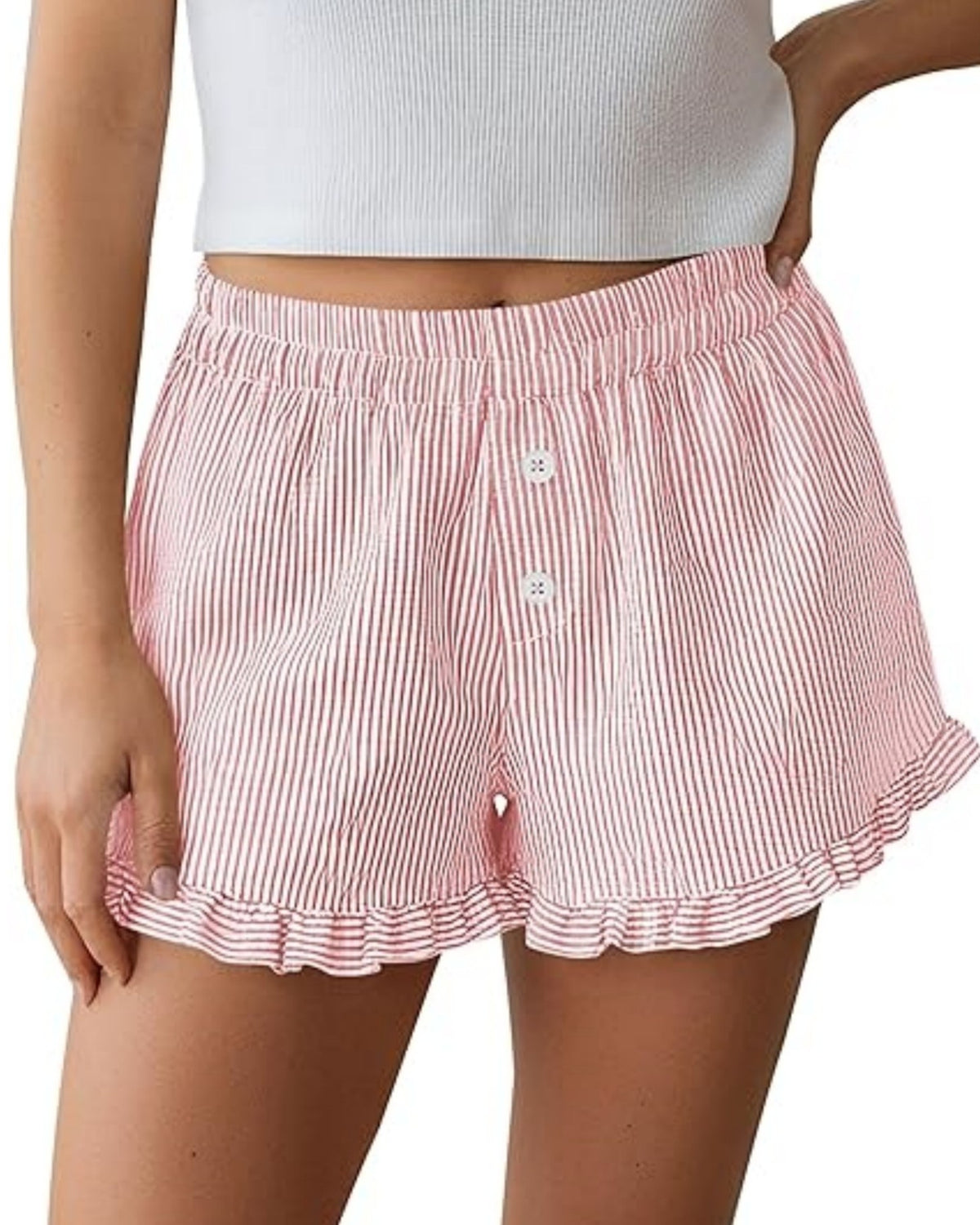 Seersucker Stripe Ruffle Hem Lounge Shorts - Pink