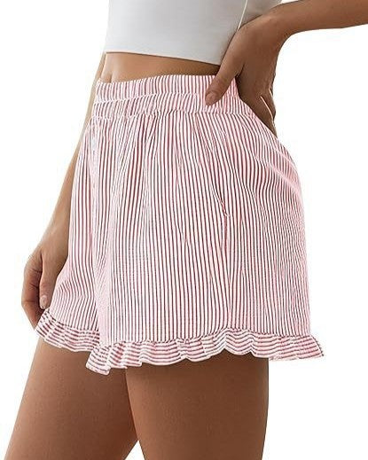 Seersucker Stripe Ruffle Hem Lounge Shorts - Pink - 1