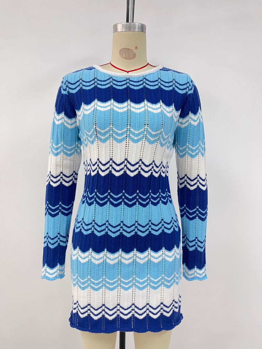 Wavy Stripe Knit Mini Sweater Dress - Blue