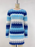 Wavy Stripe Knit Mini Sweater Dress - Blue